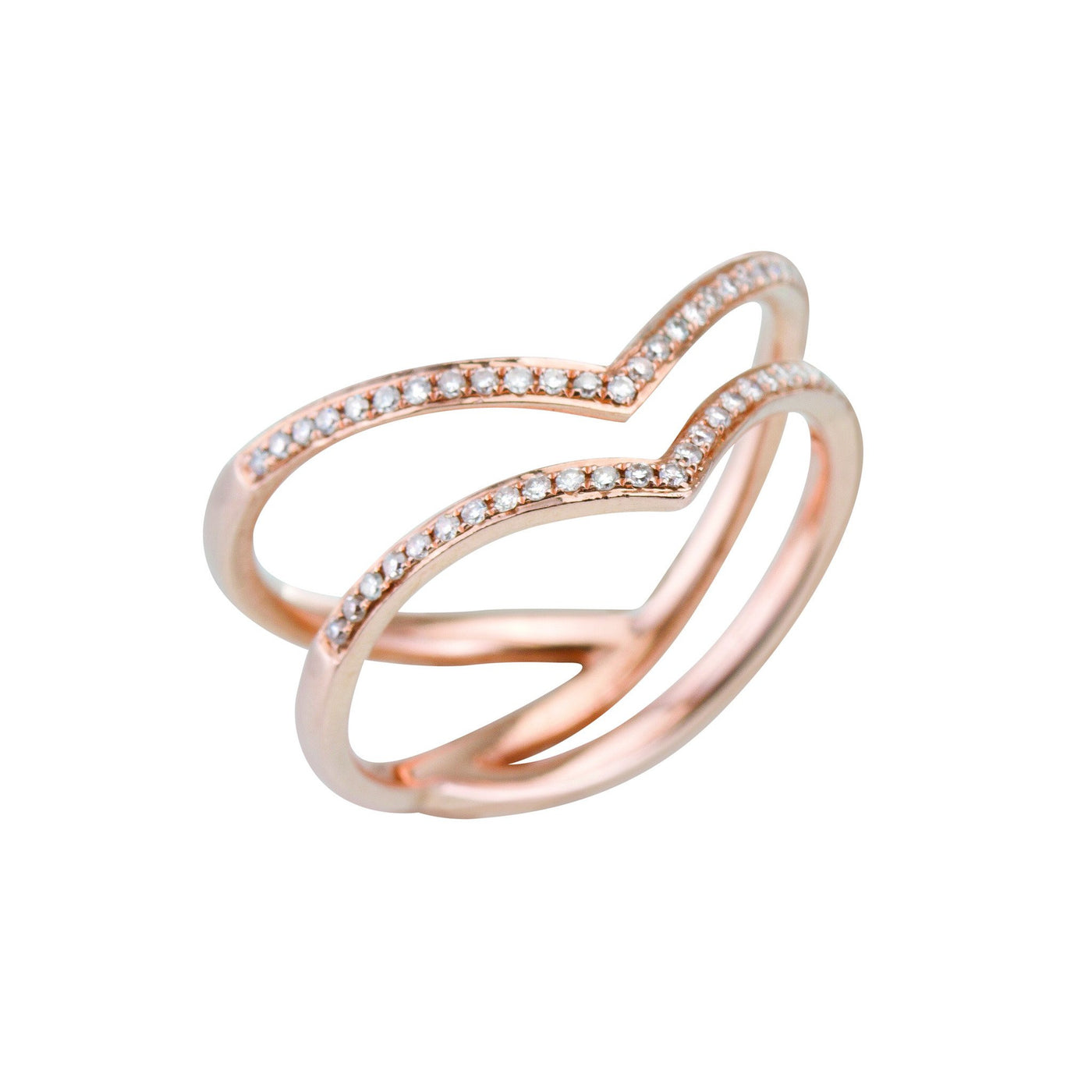 14ct double row gold & diamond pave v-ring